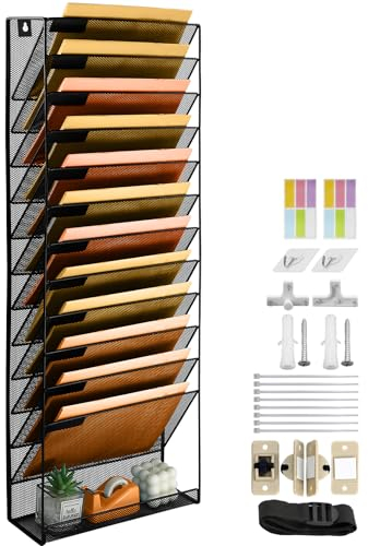 PLSOPPKG Hängeorganizer Wandablagefächer 13 Stöckiger Wandmontage Schreibtisch Organizer, A4 Zeitschriftenhalter Wand, Hängende Wandordner Dokumente Metall Büro Dokument Organizer für Zuhause