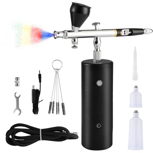 Portable Airbrush Kit with Compressor, Mini Airbrush Gun, 30PSI Handheld Cordless Airbrush Kit, Rechargeable Spray Gun Set with Compressor, for Nails Painting Tattoo Cake Makeup Model