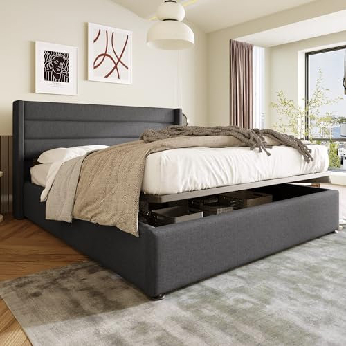 MQGPM Polsterbett mit Lattenrost aus Metallrahmen 180 x 200cm, Hydraulisch Doppelbett Lattenrost aus Holz mit Großer Stauraum, Bettgestell mit Lattenrost und Kopfteil, Grau (Ohne Matratze)