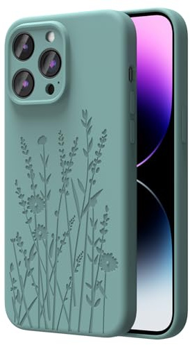 OAOA Magnetic Engraved Case Compatible with iPhone 14 Pro Max, Compatible with Magsafe, Camera All-Round Protection, Slim Liquid Silicone Phone Case for Women Girls, Midnight Green Flower