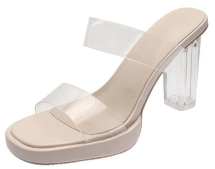Minetom Sandalen Damen Transparent Offene Sandaletten Elegant Bequem Pantoletten Hausschuhe Peep Toe Schuhe Sommersandalen mit Blockabsatz B Beige 7cm 40 EU