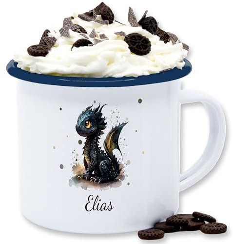 Emaille Tasse Blechtasse - Süßer Kleiner Drache mit Namen I Nachtdrache I Dragon I Drachen I Drachenzähmen - 300 ml - Weiß Blau - dragons zähmen becher drachenmotiv und name tassen