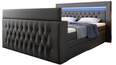 Boxspringbett Sonino 180x200 Doppelbett Polsterbett Bett mit TV Lift, RGB-Beleuchtung und Stauraum | Bezug: Polyester | Farbe: Grau | Härtegrad: H3 (70-100kg)