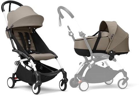 Stokke YOYO3 Kinderwagen mit Liegewanne - Enthält weißem Rahmen, YOYO 6 + Textilset (Taupe) & Liegewanne (Taupe)