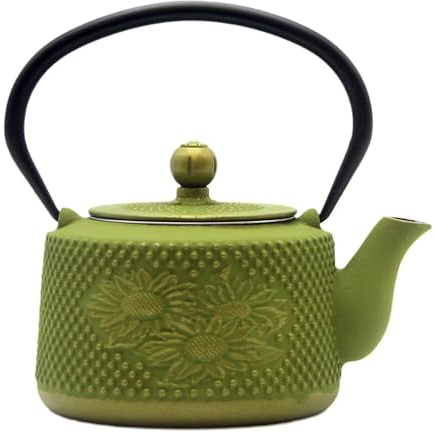 Cast Iron Teapot with Sunflower Pattern,SECHUDO Tea Kettle Coated with Enameled Interior for Loose Tea,Cast Iron Teapot with Stainless Steel Infuser for Stovetop Safe (28.7oz-Green)