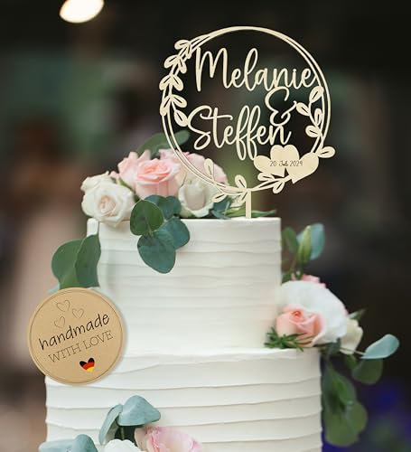 Birdart Box® Tortenstecker mit deinem Text – hochwertiger Tortenstecker aus Holz, moderner Cake Topper mit Namen (Gold, Variante 2)