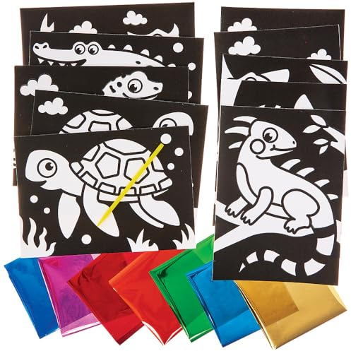 Baker Ross FN195 Reptilien Folienbilder - Packung mit 10, Kunst und Kunsthandwerk Folienausmalbilder aus Bausätzen
