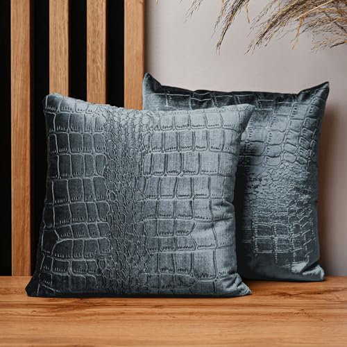 2er Set Kissenbezug 30x30 cm grau-blau quadratisch - aus Velourstoff mit Krokodilledermuster, mit Reißverschluss - dekorative Kissenbezüge für Kissen 30x30, Deko Schlafzimmer, Deko Wohnzimmer