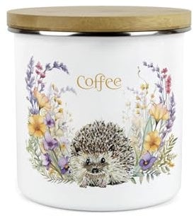 Purely Home Floral Hedgehog Coffee Storage Canister - Pretty Wildlife & Foliage Homewares Gifts - Large Enamel Hot Drinks Kitchen Storage Container