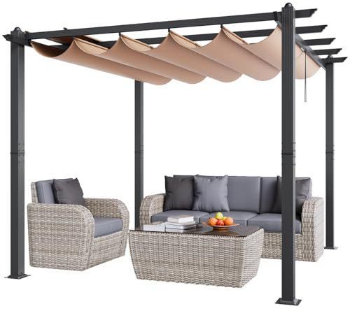 VEVOR Pergola rétractable extérieure 3 x 3 m, tonnelle de Jardin en Aluminium avec auvent Pare-Soleil en Toile Polyester Haute densité Anti-UV, pour patios, Jardins, terrasses, arrière-Cours, Beige