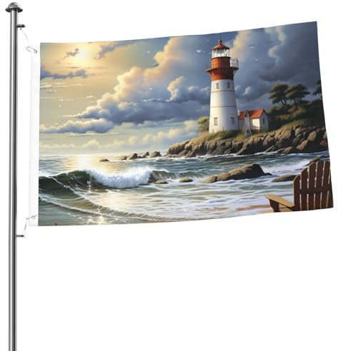 Flagge mit Leuchtturm und Sandstrand, personalisierbar, doppelseitig, 60 x 90 cm, farbecht, für Innen- und Außenbereich, Party, Heimdekoration