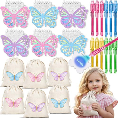 G.C Schmetterlings Party Mitgebsel Kindergeburtstag UV Stift mit Lampe Notizbuch Kordelzugbeutel Geschenktüten Give Aways Gastgeschenke Kindergeburtstag Pinata Füllung Mädchen
