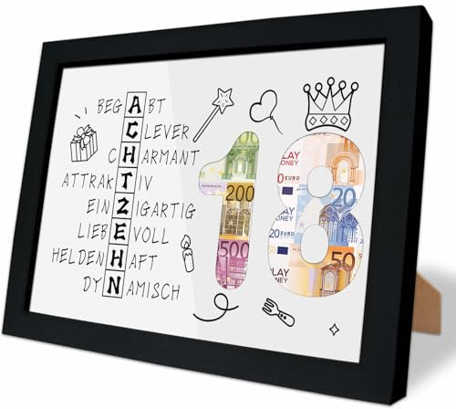 TCRZHHRX 18. Geburtstag Geldgeschenk, Geschenk mit Bilderrahmen (A5), Klassisch & Modern, Wandmontage oder Tischplatte, Holzrahmen, Interaktives Rätsel, Einheitsgröße, Schwarz, 1 Count