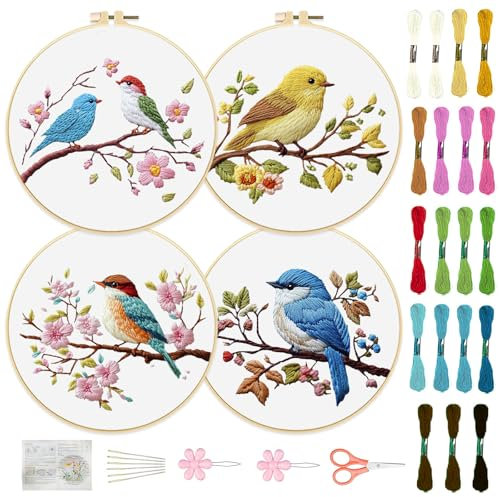 FREEBLOSS 4 Set 20cm Stickset Zum Selbermachen Stickset für Anfänger und Erwachsene mit Stickrahmen