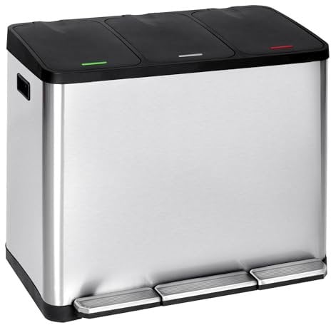 T-LOVENDO.ES Cubo basura o reciclaje 3 de compartimentos Grande | 3 X 15L Total 45 Litros | Contenedores de reciclaje separados por color | Papeleras con pedal | Acero | Gran capacidad