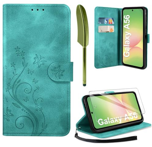AROYI Lederhülle Kompatibel mit Samsung Galaxy A56 5G Hülle und Schutzfolie, Flip Wallet Handyhülle PU Leder Case Kartensteckplätzen Schutzhülle Kompatibel mit Samsung Galaxy A56 5G Dunkel Grün