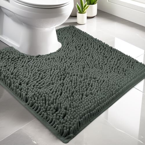 LUSCHEER Absorbent Chenille WC Toilet Rug Non-Slip U Shape Pedestal Mat Bath Mat, Extra Soft Fluffy Bathroom Toilet Mat for Floor, Quick-drying Machine-Washable, 50 x 50 cm, Grey