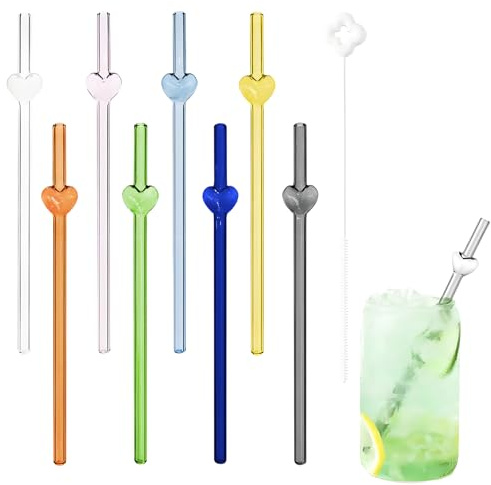 Herz Glasstrohhalme, 8 Stück Wiederverwendbar Strohhalme Glas, 20 cm Glasstrohhalme Bunt Transparente mit 1 Blumenideen Reinigungsbürsten, für Cocktails, Smoothie und Säfte (blau 1)