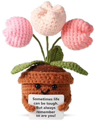 Huipalon Emotional Support Gift Knitted Flowers Pink Lily of the Valley Crochet Emotional Support Plant Positive Gifts with Encouraging Card Handmade Emotional Support Plush for Women