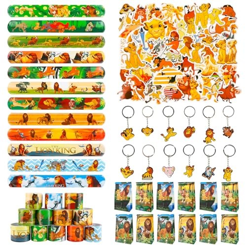 74pcs Löwen Party Mitgebsel, 50pcs König Aufkleber, 12pcs Armband, 12 Schlüsselanhänger, Mitgebsel Kindergeburtstag für Kinder Jungen Mädchen