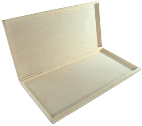 WooDeeDoo Large Shallow Slim Wooden Storage Box with Hinged Lid - Unfinished Pine Case Documents Letters Brushes Crayons Keepsakes Art Supplies Craft Storage - 47 x 24.5 x 3 cm