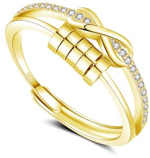 Estrellique 925 Sterling Silver Anti-Stress-ring, Gold Unisex Decompression Rings with Beads, Spinner Fidget Ring with Zircon, Silver 925 Anxiety Rings, Open Adjustable Anxiety Ring for Anxious People