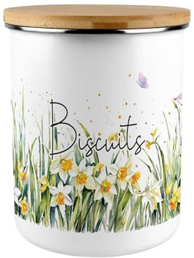 Purely Home Spring Daffodils Biscuit Canister - Yellow Floral Large Enamel Kitchen Storage Container/Cookie Jar Gift