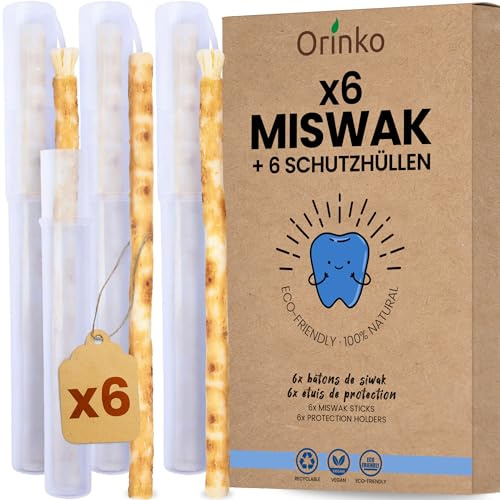 ORINKO® Miswak Siwak Zahnbürste x6 mit Etui x6 - Natürliche Zahnpflege mit Miswak-Stick - Bio Zahnholz für gesunde Zähne - Traditionelle Zahnreinigung für Mensch & Umwelt - Frisch verpackt