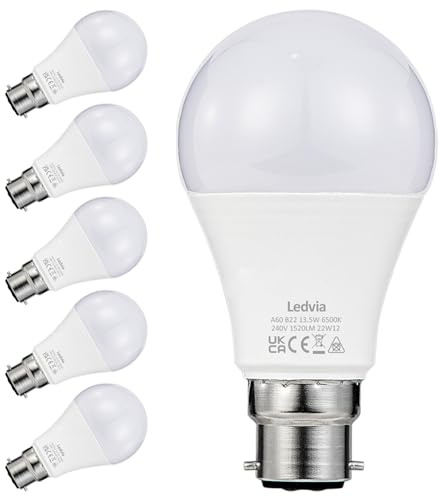 B22 LED Bayonet Light Bulbs, 100W Equivalent, 13.5W 1520lm Daylight Cool White 6500K, Non-Dimmable, Energy Class E, Pack of 6