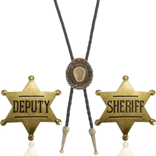 ElevaPulse Cowboy 3er Set Western Schmuck, Cowboy Hut Herren, Sheriff Und Deputy Abzeichen Mit Kette, Trachten Zubehör Herren Für Western Parties Und Country Styling