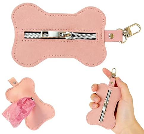 LEIIERUY Dispenser Rosa per Sacchetti Igienici per Cani in Pelle con Cerniera e Moschettone – Porta Sacchetti Elegante per Passeggiate – Ideale per Proprietari e Addestratori di Cani (Senza Sacchetti