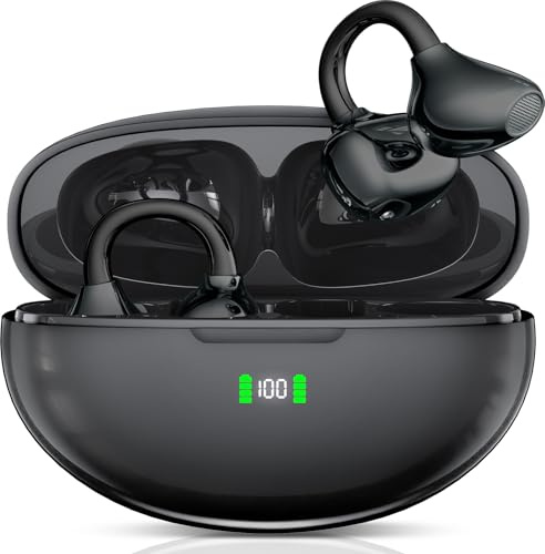 Cascos Oseos Inalambricos, Open-Ear Deportivos, Auriculares Inalámbricos con Clip para Running Deportivos, 80 Horas de Duración de la Batería, Ajuste seguro, Resistentes al Agua y al Polvo (Negro)