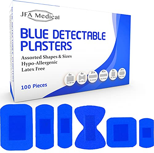 JFA Medizinische Blaue Pflaster, 6 Verschiedene Größen, 100 Pflaster pro Packung