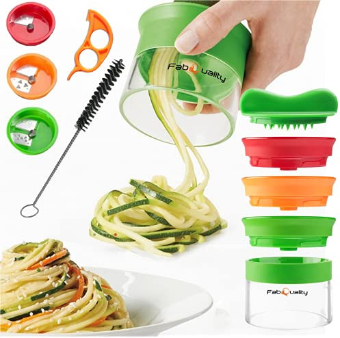 3 Klingen Spiralschneider Hand für Gemüsespaghetti kartoffel - mit BÜNDEL Kochbuch und enthält die Bürste für die Reinigung FabQuality Zucchini Spargelschäler, Gurkenschneider