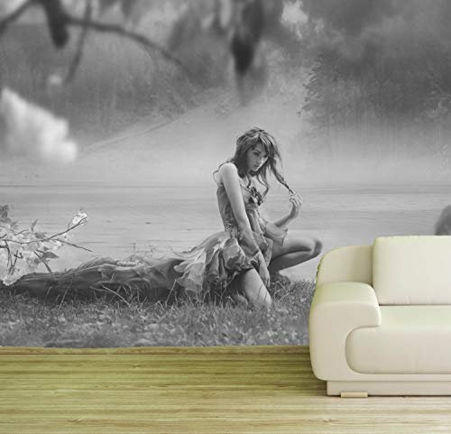 Vlies Tapete Poster Fototapete Fantasy Romantik See Elfe Farbe schwarz weiß, Größe 100 x 80 cm