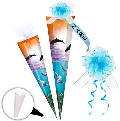 alles-meine.de GmbH Schultüte - Delfine - Unterwasser Fische - 85 cm - 6 eckig - incl. individueller Schleife - mit Namen - Tüllabschluß - Zuckertüte - mit/ohne Kunststoff Spit..