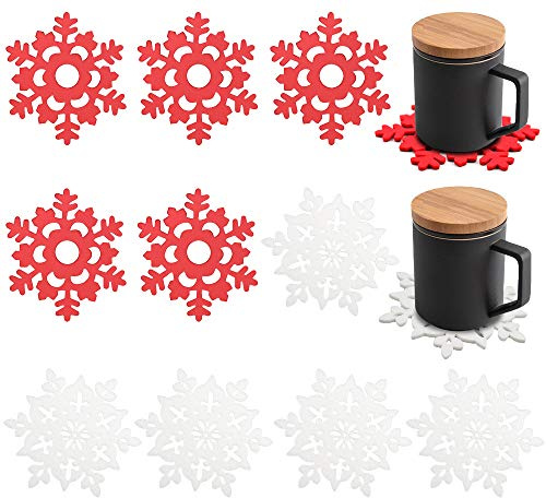 Weihnachtsuntersetzer aus Filz, Schneeflocke, Getränkeuntersetzer, Tassenmatten, Schüsselunterlage für Weihnachten, Abendessen, Tischdekoration, 10 Stück