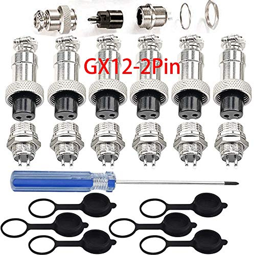 RUNCCI-YUN 6Pcs GX12-2Pin Aviación Conector, 5A Aviación Enchufe, 12MM Rosca Metal Macho Hembra Panel Aviación Conector Enchufe, con Goma Tapa Protectora y Destornillador Phillips