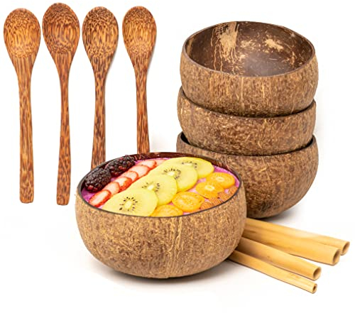Rainforest Bowls Set of 4 Regular Raw Coconut Bowls, 4 Wooden Spoons & 4 Reusable Bamboo Straws - 100% Natural, Hand Carved by Artisans, Eco-Friendly & Sustainable - Smoothie/Acai/Salad Bowls