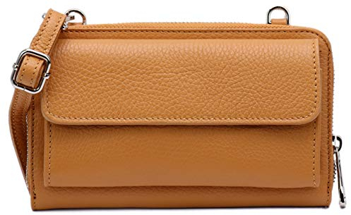 SH Leder Damen Handytasche Umhängetasche Geldbörse Multifunktion Beutel aus Echtleder Verstellbar Schultergurt Handy bis 6,7 Zoll 11,50x19cm Vera G368 (Camel)