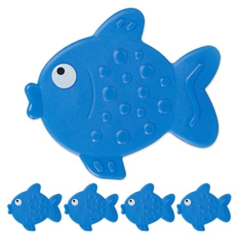 Relaxdays Adesivi Antiscivolo Doccia, Pad per Vasca da Bagno per Bambini, Set 5 Sticker a Pesce, con Ventose, Blu