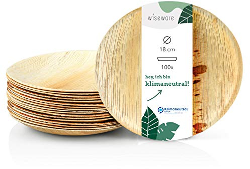 Wiseware - Plato de hojas de palma (100 unidades, redondo, diámetro de 18 cm, vajilla biodegradable de hoja de palma, vajilla compostable, vajilla desechable orgánica)