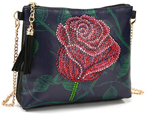 VETPW 5D Rose Blumen Diamond Art Painting Cross-Body Tasche, Diamant Malerei Leder Münze Geldbörse Reißverschluss Handtasche, DIY Diamant Gemälde Unterarmtasche Makeup Schultertasche für Party Travel