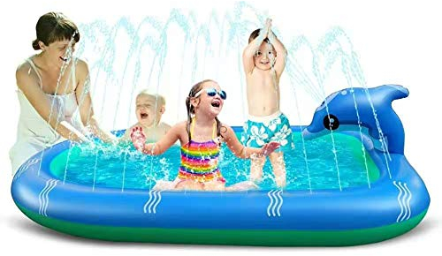 JAWSEU Aufblasbarer Pool, Pool Rechteckiger für Kinder, Aufblasbares wasserspielcenter, Wasser-Kinderbecken mit Delphinspray Wassersprinkler, Blau 110x90cm