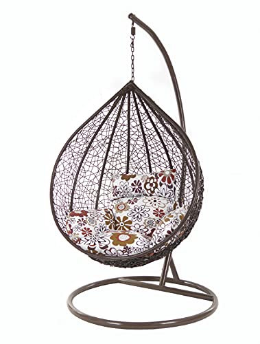 KIDEO Korbsessel: XXL Hängesessel mit Gestell & Kissen, Poly-Rattan, braun, groß (Kissen: Nest geblümt [3763 Retro Flowers])