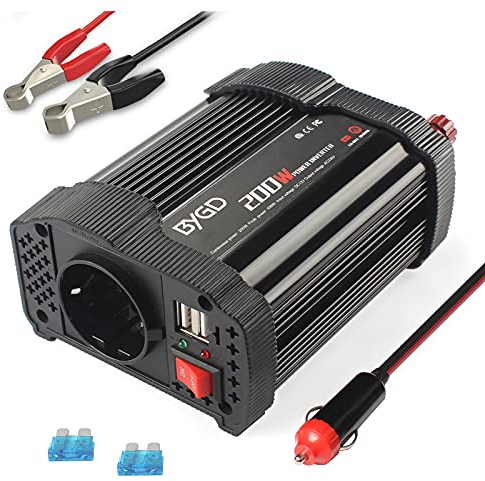 BYGD Inversor de Coche 200W/400W 12V DC a 220V 230V AC Transformador convertidor con Adaptador de Cargador de Coche rápido USB Dual 3.1A,para Coche, cámping, iPad, iPhone,Tablet,Consolas