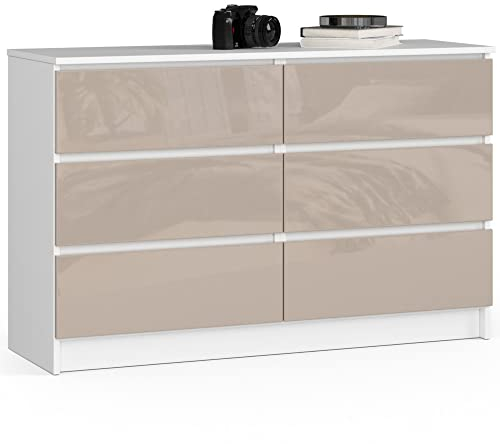 Kommode K-120 mit 6 (2 x 3) Schubladen | für das Wohnzimmer Schlafzimmer Schrank Büro Arbeitszimmer | Modernes Funktionales Design | B120 x H77 x T40 cm, Gewicht 43kg | Weiß / Glänzender Cappuccino