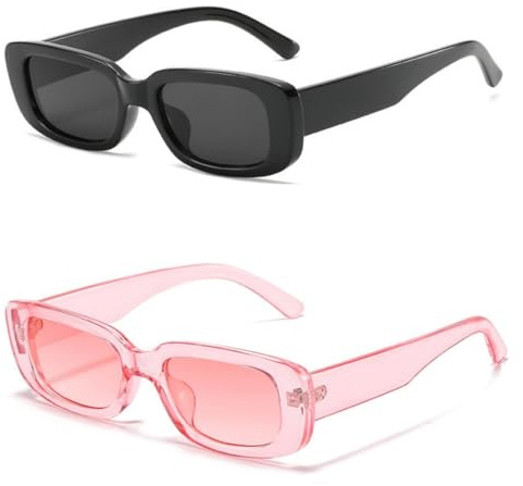 iKANOO Occhiali da sole rettangolari retrò per uomo e donna, piccola cornice quadrata, alla moda, Y2K, anni '90, colore nero, rosa, nero e rosa, 60mm