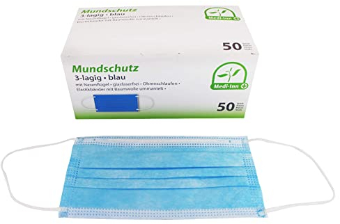 Medi-Inn+ Mundschutz Atemschutz Gesichtsmaske Einwegmaske mit Elastikbändern Typ II 3-lagig blau (10 x 50 = 500 Stück)