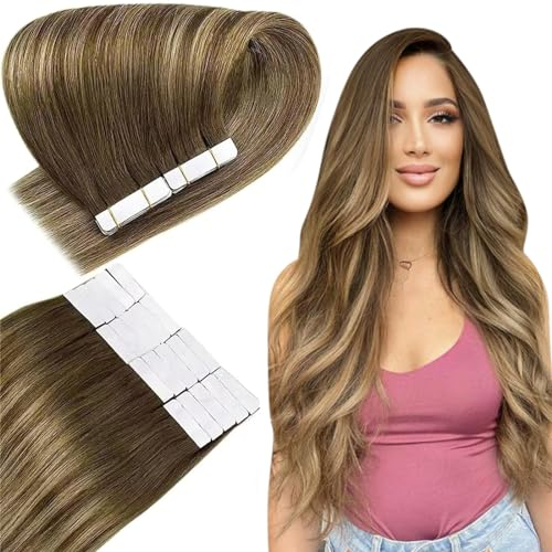 Easyouth Balayage Tape Hair Extensions Real Human Hair Ombre Brown to Honey Blonde 14 Inch 50g 20Pcs